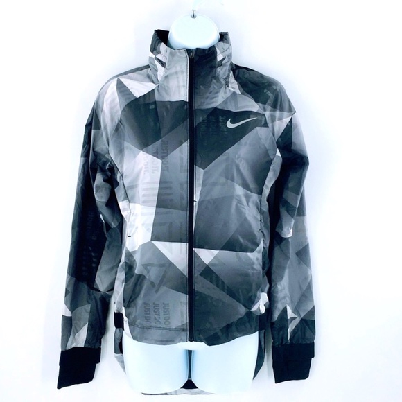 Nike Womens Running Jacket Grey Hooded Shield Flash Reflective Packable Sz XS - Picture 1 of 16